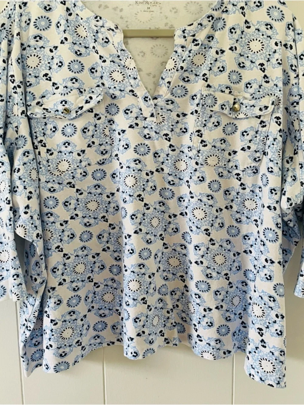 Kim Rogers Light Blue Floral Popover Blouse